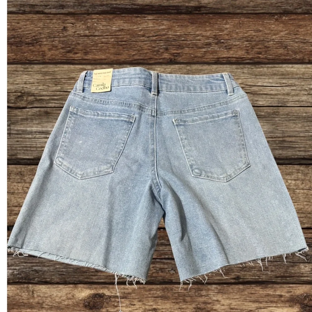 Camila Coelho High Waist Midi Studded Denim Shorts Light Wash Blue‎ Boho Rocker
